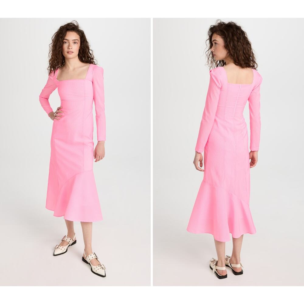 NWT BROGGER Garcelle Midi Dress Seersucker Neon Pink Stripe XS